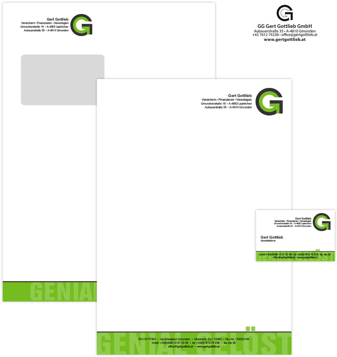 Geschäftsdrucksorten wie Briefpapier, Kuvert, Visitenkarten und Stempel von GG Gert Gottlieb GmbH